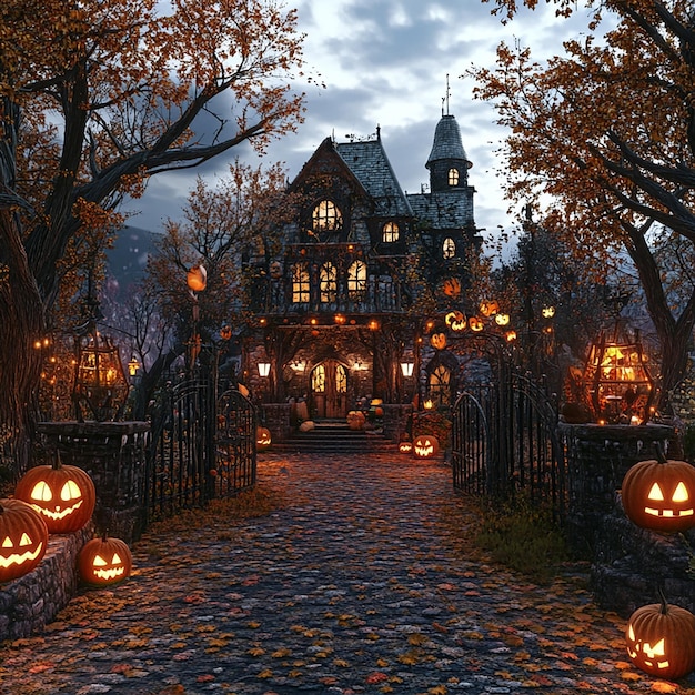 Photo a house with pumpkins on the front and a pumpkin on the front