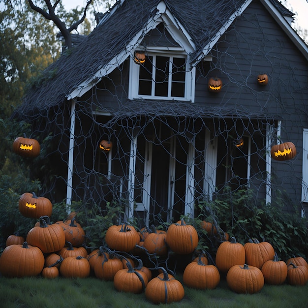 A house with pumpkins and a tree with the word halloween on it