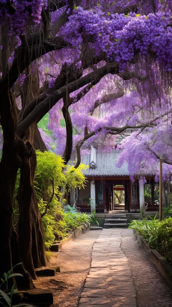 a house with purple flowers on the outside