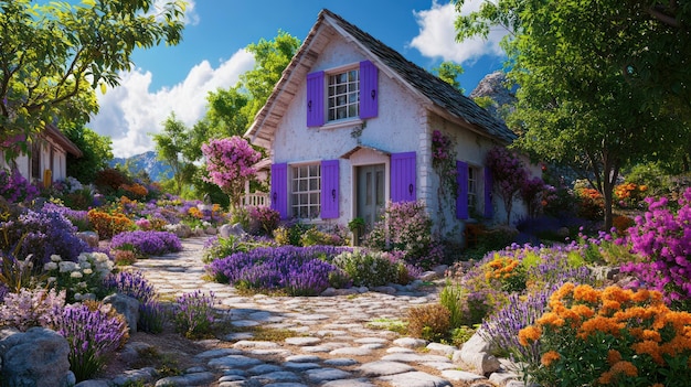 Photo a house with purple shutters and purple flowers