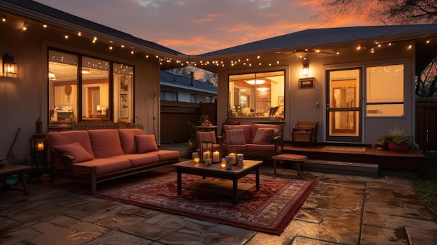 a house with a red couch and a table with lights on it