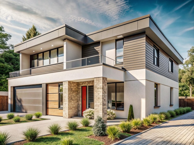 a house with a red door and a balcony