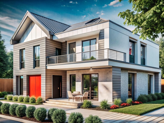 a house with a red door and a porch with a porch