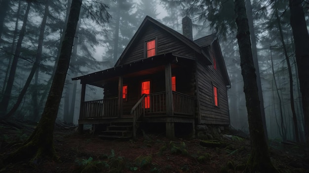 a house with red lights on the front and the door open