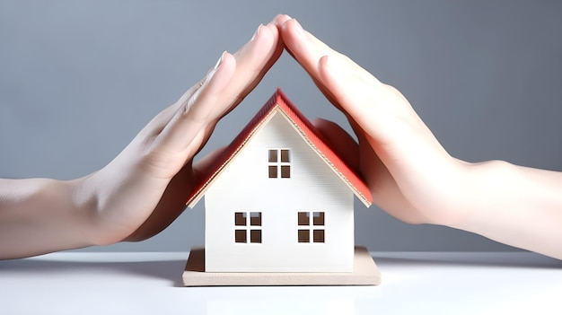 A house with a red roof is being held over a white model.