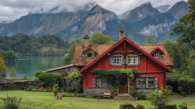 a house with a red roof and a large mountain in the background