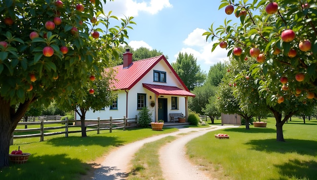 a house with a red roof and a red roof that has an orange tree in front of it