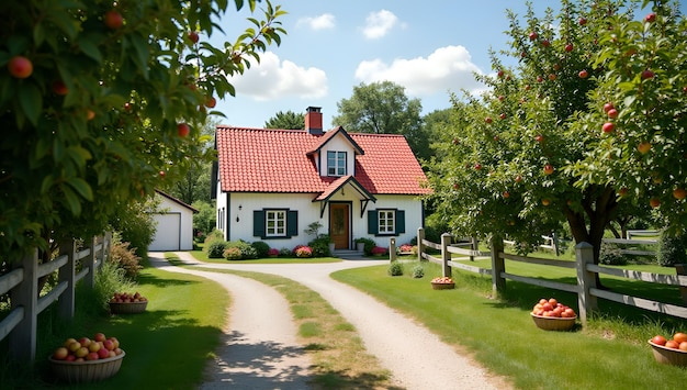 a house with a red roof and a white house with a red roof