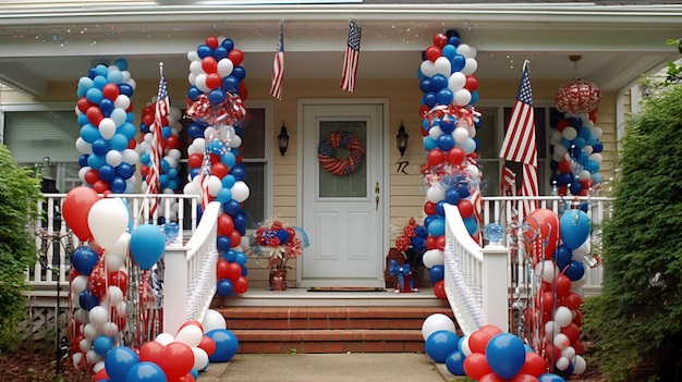 A house with a red, white and blue balloon arch and a flag on the front door.