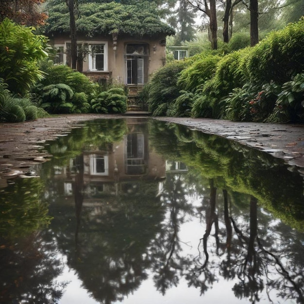 a house with a reflection of trees and a house in the background