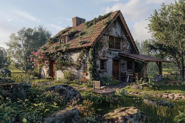 a house with a roof that has a porch on the side of it