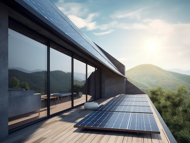 A house with a roof that has solar panels on it