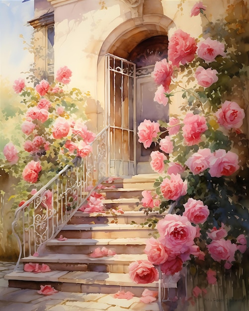 House with Roses in Watercolor Painting