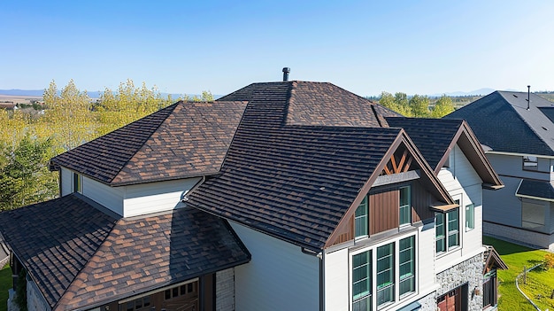 a house with a shingled roof and a large window that has a brown shingle roof