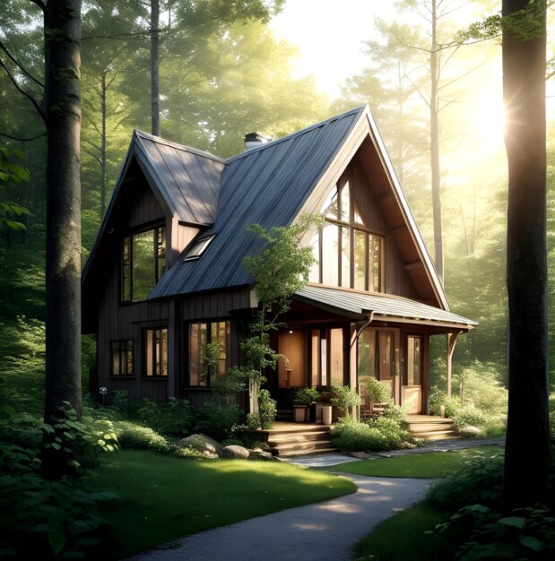 a house with a shingled roof sits in the woods