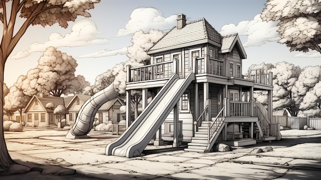 a house with a slide that says  slide