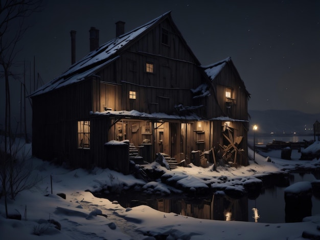 A house with a small body of water at night