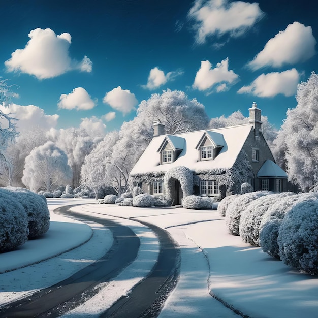 a house with a snow covered roof and a blue sky with a white cloud