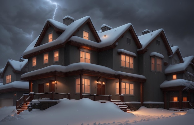 A house with snow on the roof and a lightning bolt on the roof.