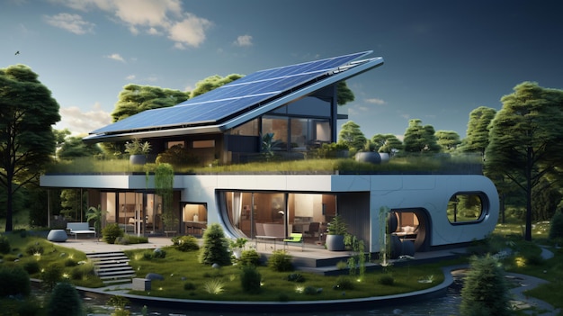 House with solar panel on the roof and garden