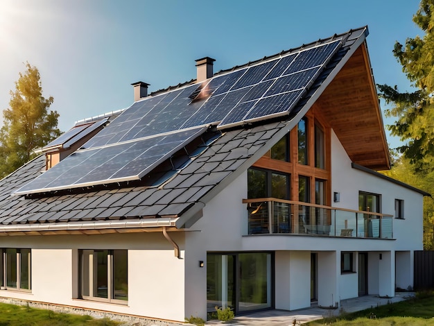 a house with a solar panel on the roof and a roof that has a solar panel on it