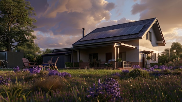 a house with a solar panel on the roof and a sky background