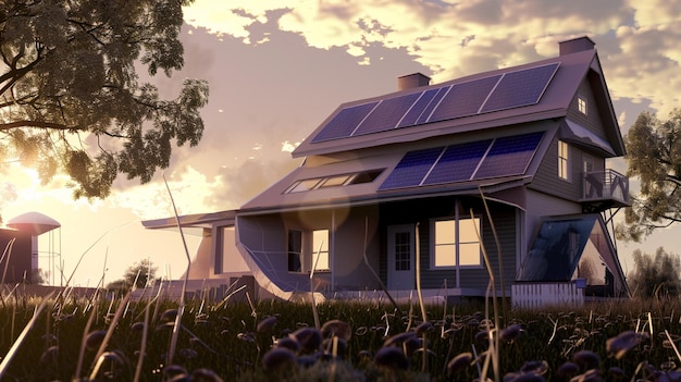 a house with a solar panel on the roof and a tree in the background