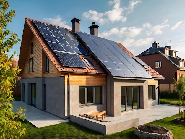 a house with solar panels on the roof and a bench on the roof