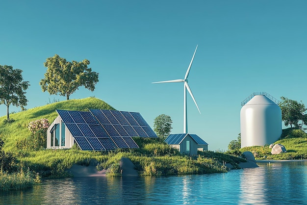 Photo a house with solar panels on the roof and a building in the background