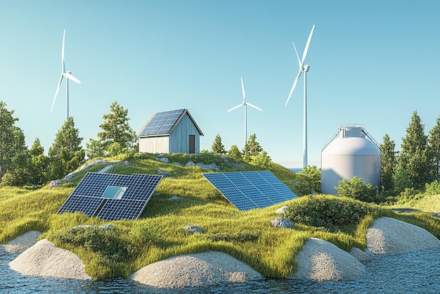 Photo a house with solar panels on the roof and a building in the background