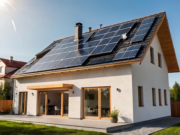 a house with solar panels on the roof and a door that has a door that says solar panel