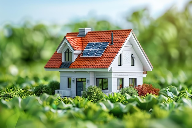 House with solar panels on the roof in the garden 3d rendering Ai Generated