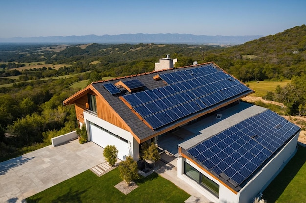 a house with solar panels on the roof and a house with a mountain in the background