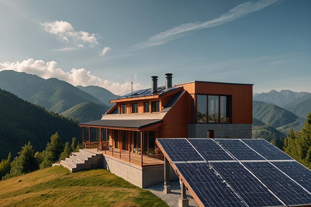 A house with solar panels on the roof and a house with a mountain in the background