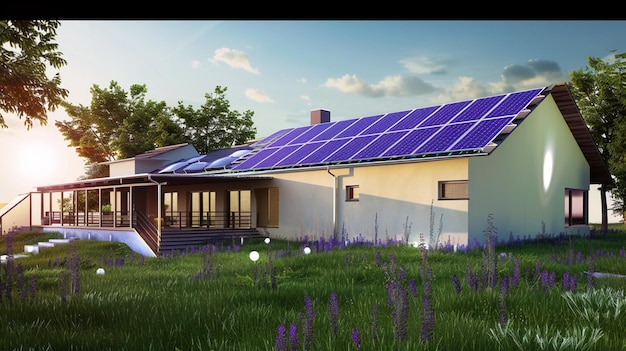 a house with solar panels on the roof and a house with a roof