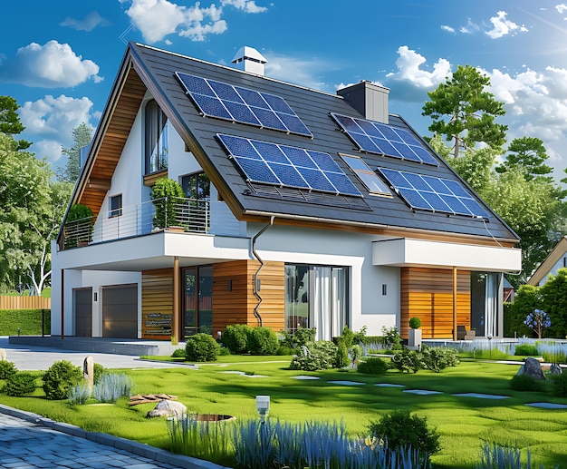 a house with solar panels on the roof and a house with a sky background