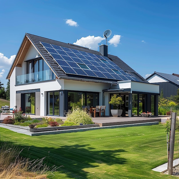 a house with solar panels on the roof and a house with a sky background