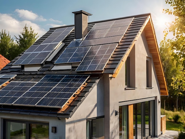 a house with solar panels on the roof and a house with the sun shining through the windows