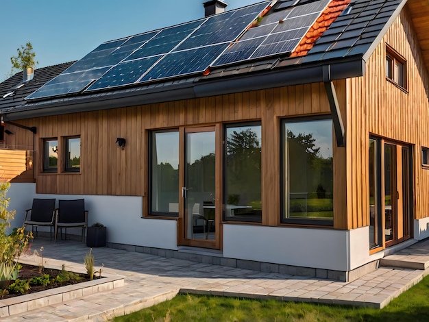 a house with solar panels on the roof and a patio table