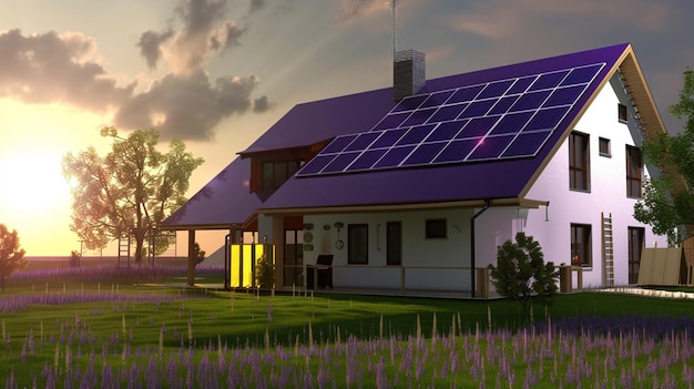 a house with solar panels on the roof and a purple roof