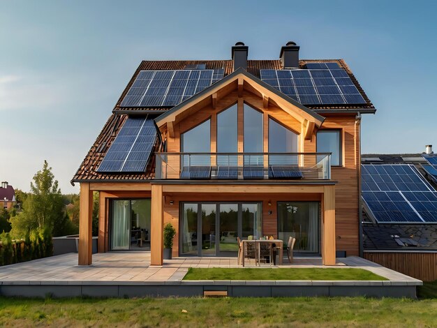 a house with solar panels on the roof and a roof that says solar panels