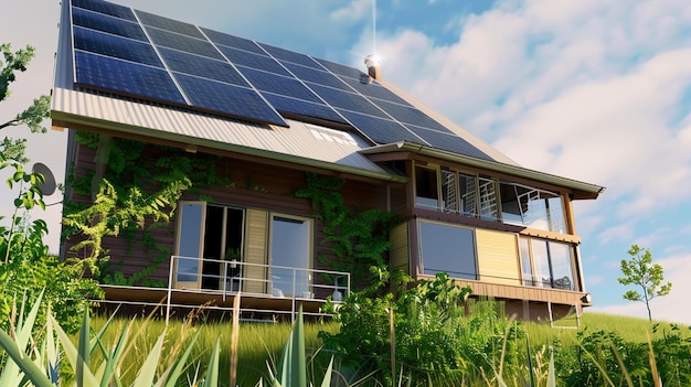 a house with solar panels on the roof and the sky in the background