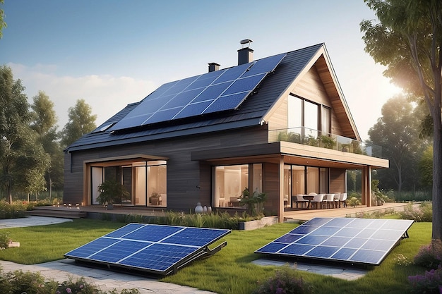 Photo house with solar panels on roof sustainable and clean energy at home