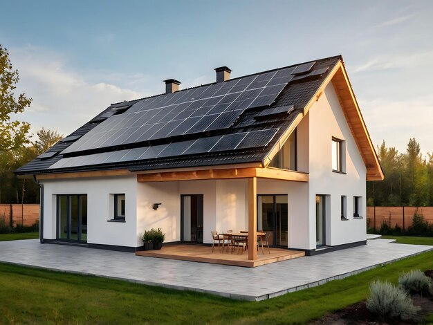 a house with solar panels on the roof and a table with chairs on the porch