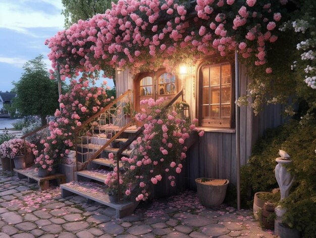 A house with a staircase and a pink flowered staircase.