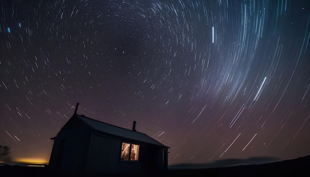 A house with a star trail in the sky