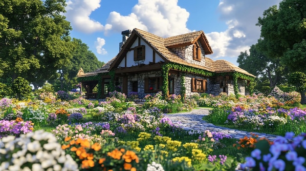 Photo a house with a stone exterior and a stone roof surrounded by flowers