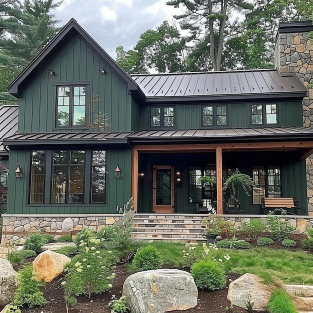 House with a stone wall and walkout deck in the backyard