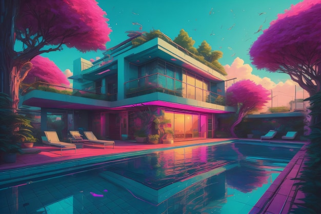 House with swiming pool illustration generative AI