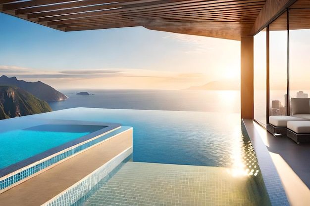 A house with a swimming pool and a view of the ocean